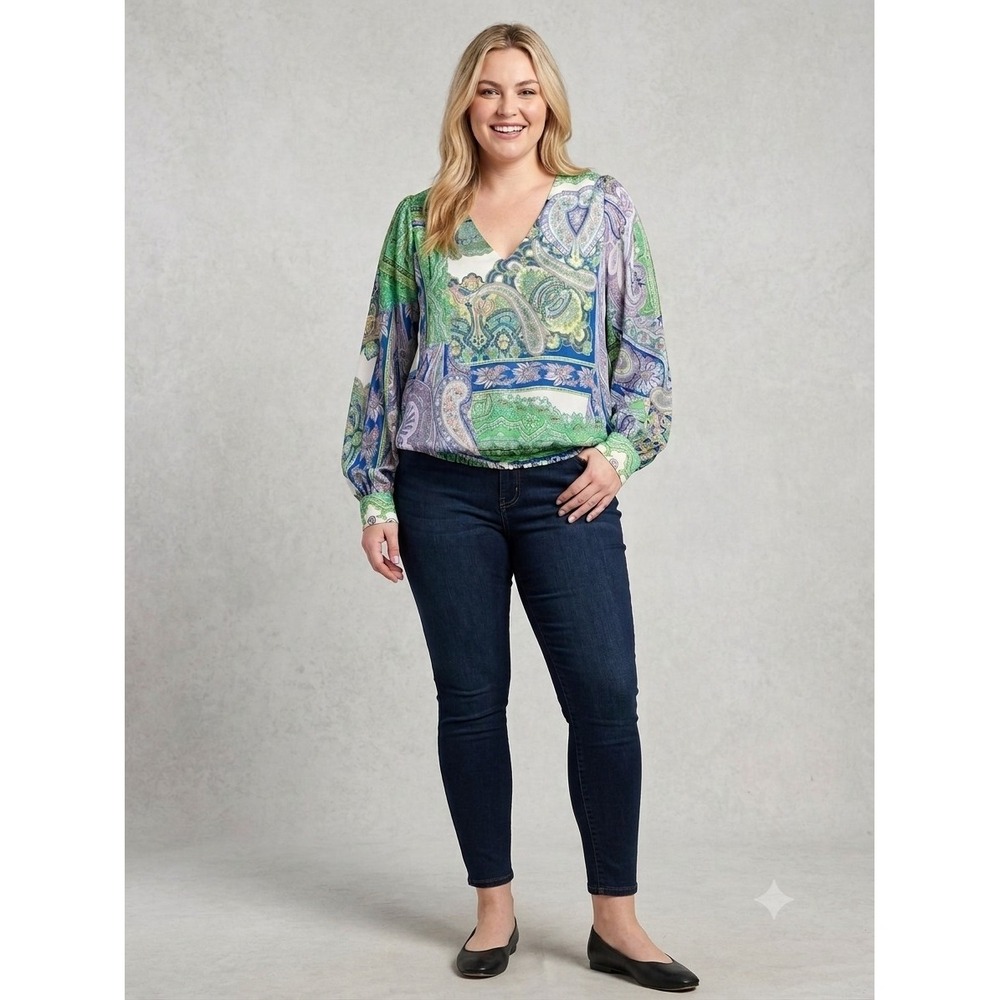 Karen Kane Puff Balloon Sleeve Blouse Sz Small Paisley Business Chic Romantic